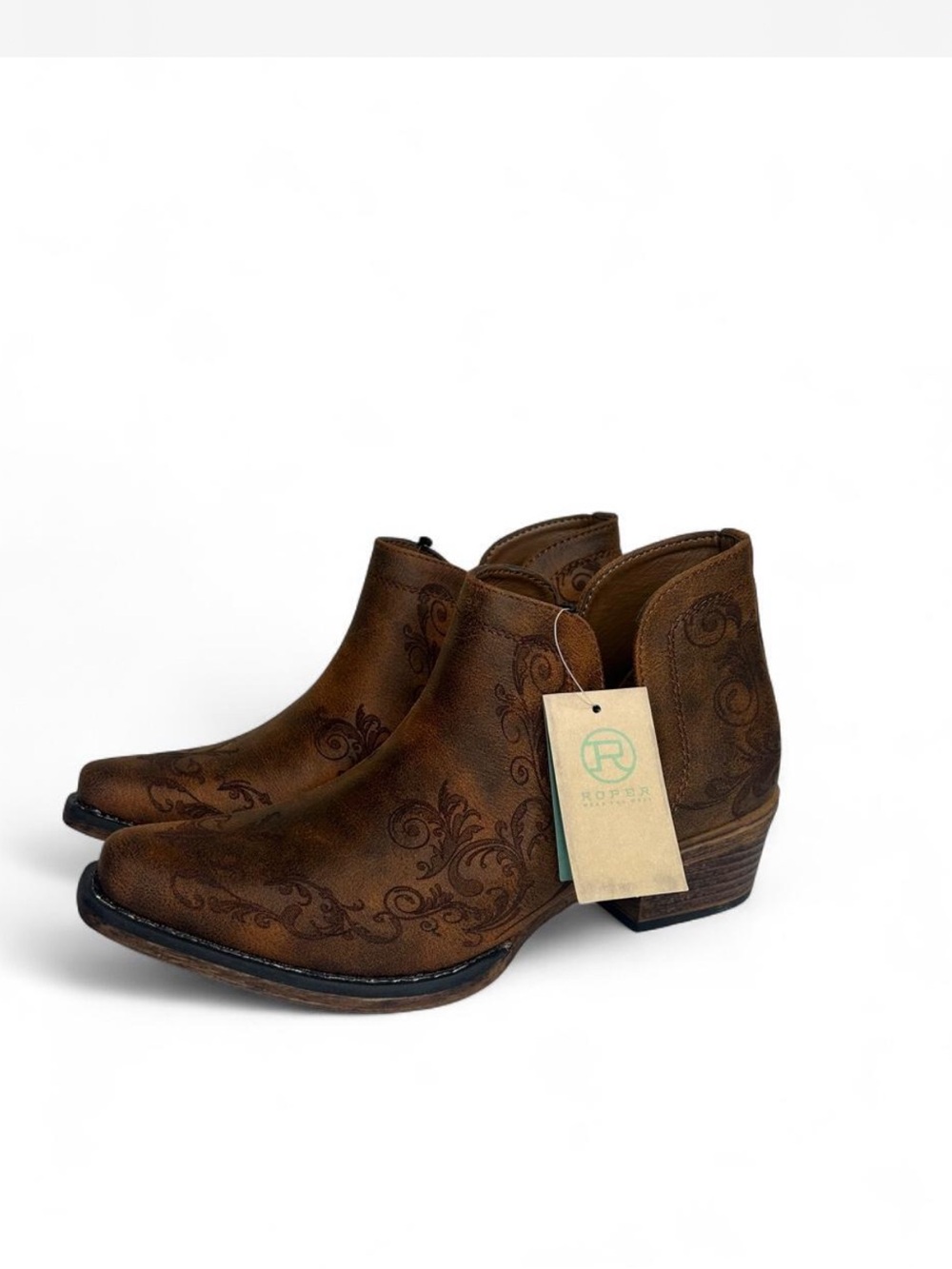 New Roper Brown Floral-Embossed faux leather Ankle Booties boots 6.5